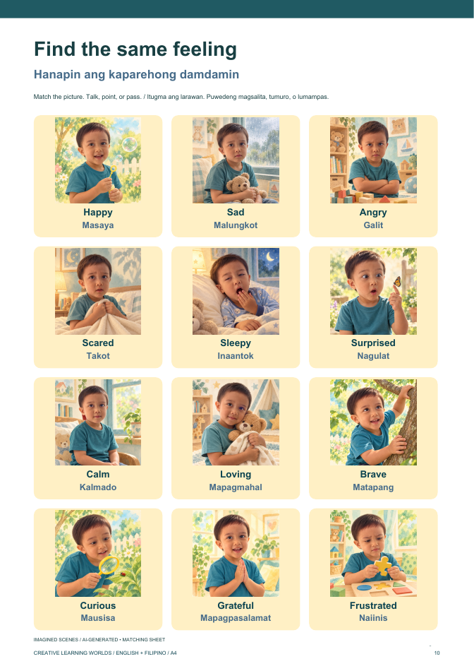 Teo’s A4 Find the same feeling sheet, with twelve personalized scene thumbnails and English and Filipino words.