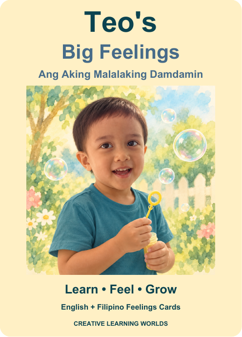 The personalized cover of Teo’s Big Feelings set, featuring his AI-generated Happy scene.