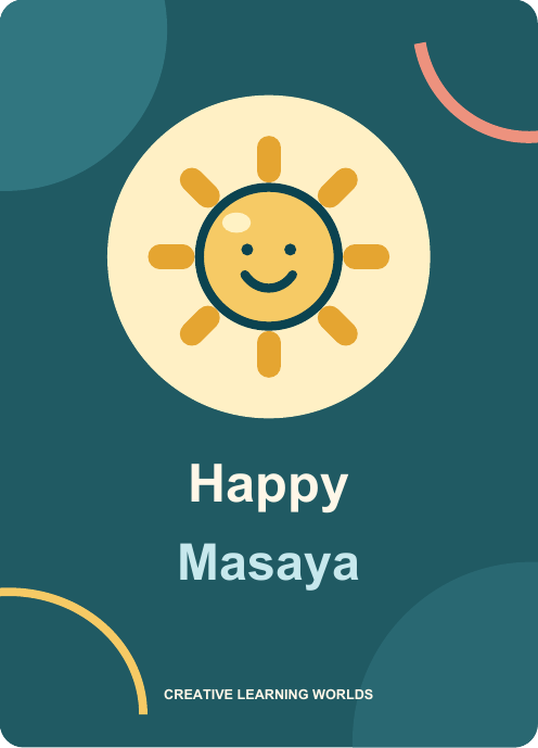 Happy card reverse with a smiling sun and the words Happy and Masaya.