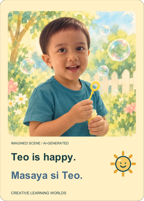 Teo’s Happy card: Teo is happy. Masaya si Teo. AI-generated imagined scene.