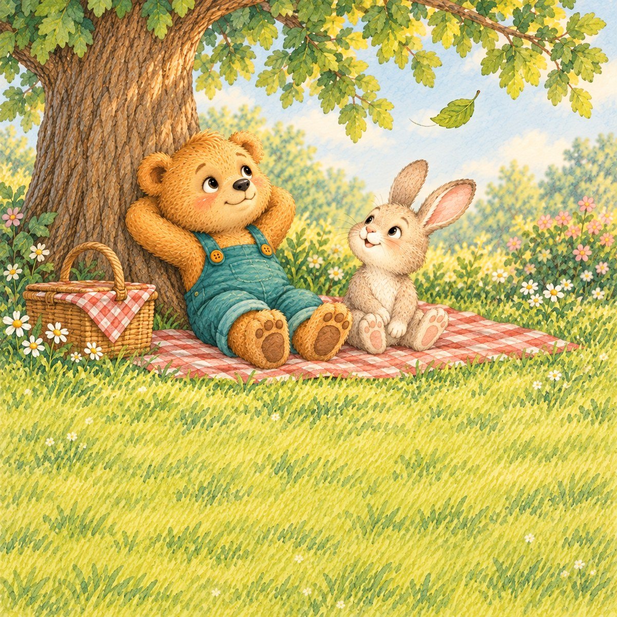 Bear and Rabbit relaxing together on a picnic blanket beneath a tree.