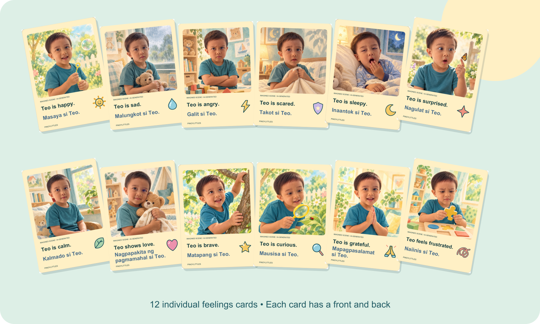 Teo’s twelve personalized English and Filipino feelings cards, shown as an example set